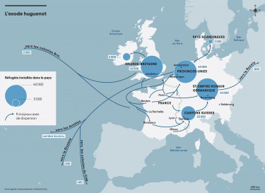 Carte sur l'exil des huguenots