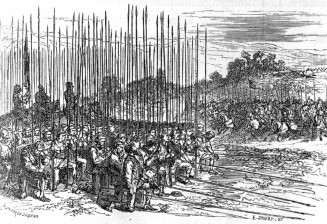 Les Suisses au service de Louis XI faisant leur prière, avant la bataille de Morat, où ils défirent Charles le Téméraire, le 22 juin 1476. Gravure par Jouard, d'après G. G. Durand, 1868 © Roger-Viollet 